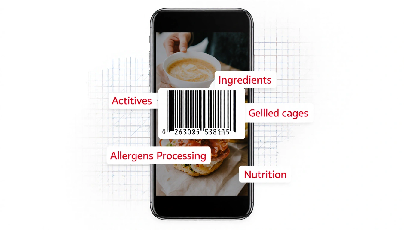 Smartphone screen displays nutrition barcode with 15 attribute labels over a subtle grid.