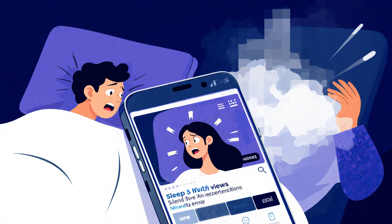 Smartphone screen shows viral video with 3 million views while sleeping person wakes up in panic and screen freezes with blur