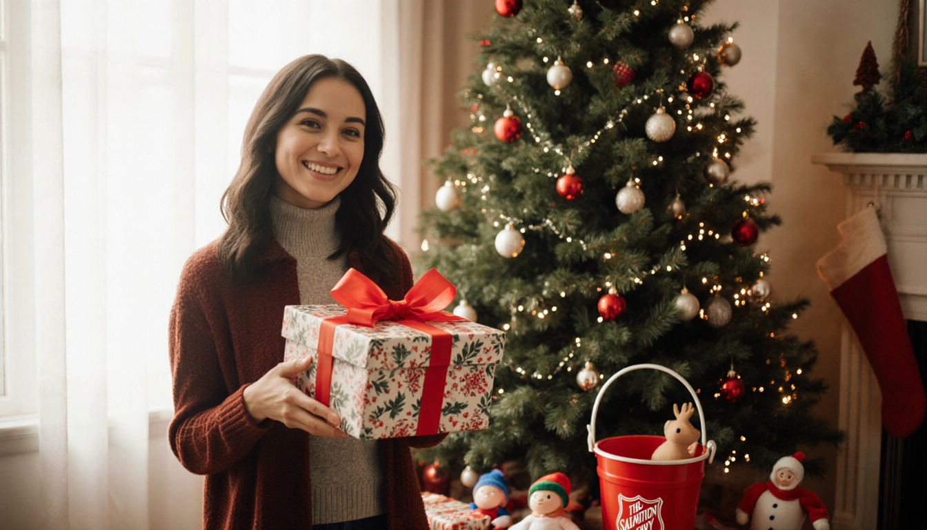 Smiling woman holding a bright red‑bowed gift with a lush green Christmas tree and a Salvation Army kettle nearby.