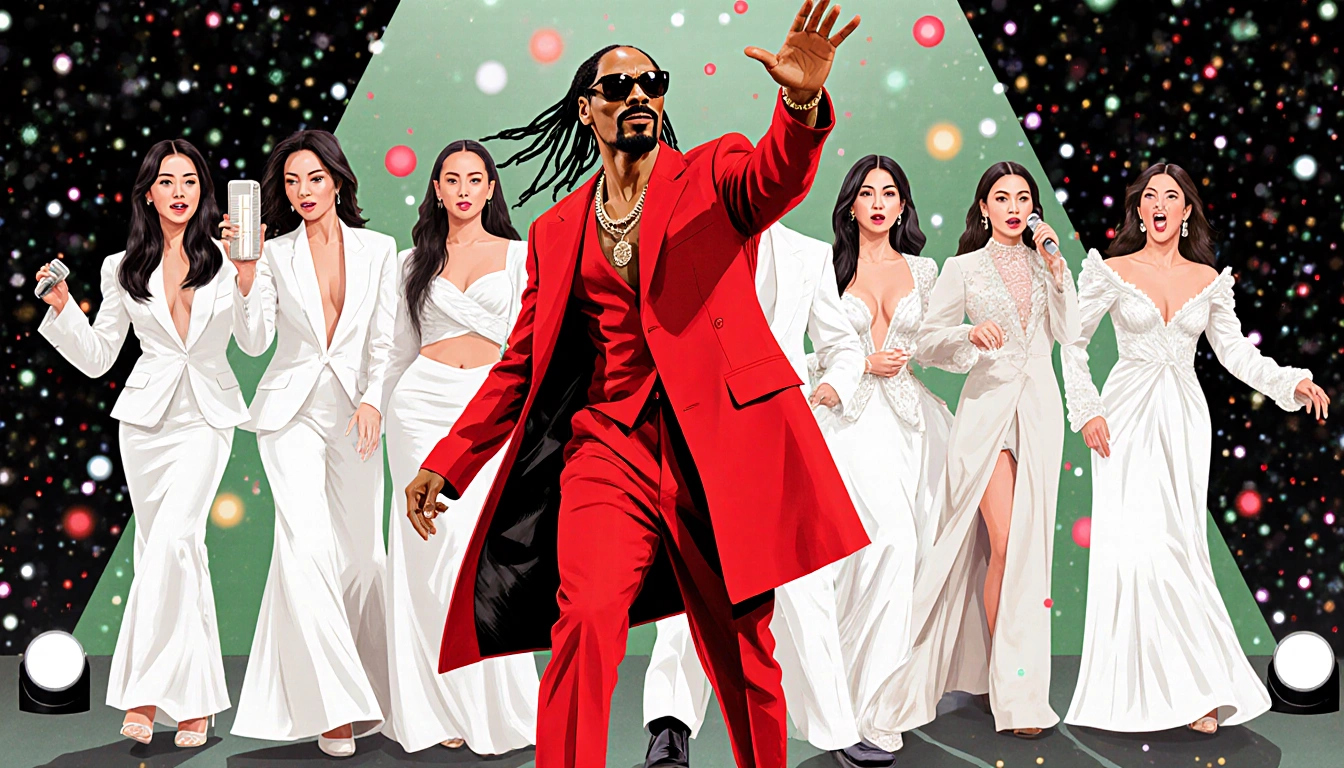 Snoop Dogg performing with red suit and contrasting white ensembles of Kpop opera stars blurred backdrop