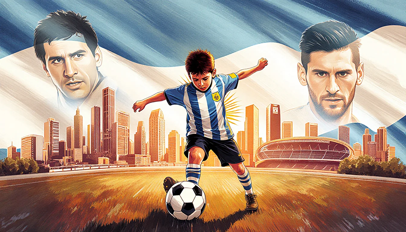 Boy kicks soccer ball with passion against Argentine flag backdrop featuring Buenos Aires skyline and Messi Maradona cues.