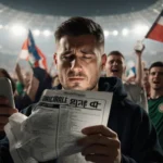 Frustrated soccer fan holding a crumpled World Cup ticket list with phone glow reflecting despair and blurred crowd behind