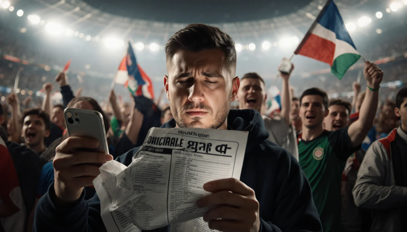 Frustrated soccer fan holding a crumpled World Cup ticket list with phone glow reflecting despair and blurred crowd behind