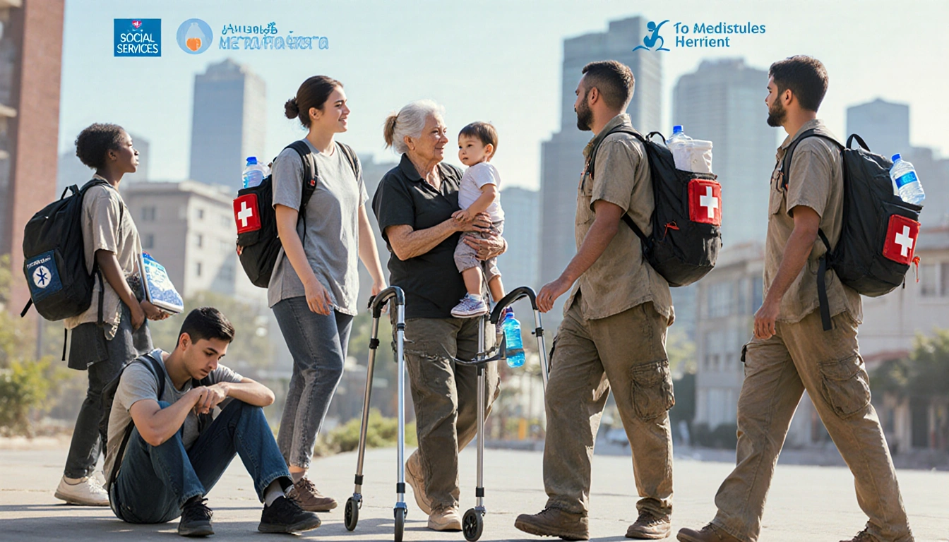 Team of professionals walking with a mother and an elderly person and a diverse teen carrying backpacks of water and first ai
