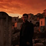 Figure standing before charred ancient Greek village with orange‑red sunset and weathered monument of 700 names