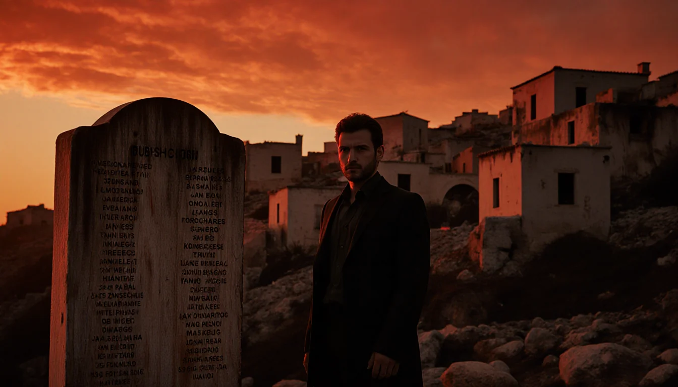 Figure standing before charred ancient Greek village with orange‑red sunset and weathered monument of 700 names
