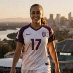 Sophia Wilson walking toward camera in Portland Thorns jersey 17 with Providence Park and sunset.