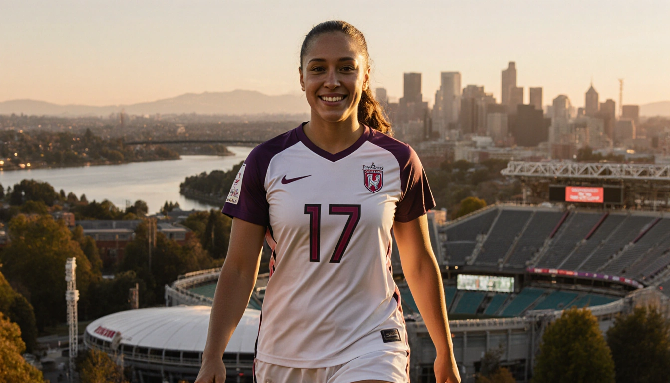 Sophia Wilson walking toward camera in Portland Thorns jersey 17 with Providence Park and sunset.
