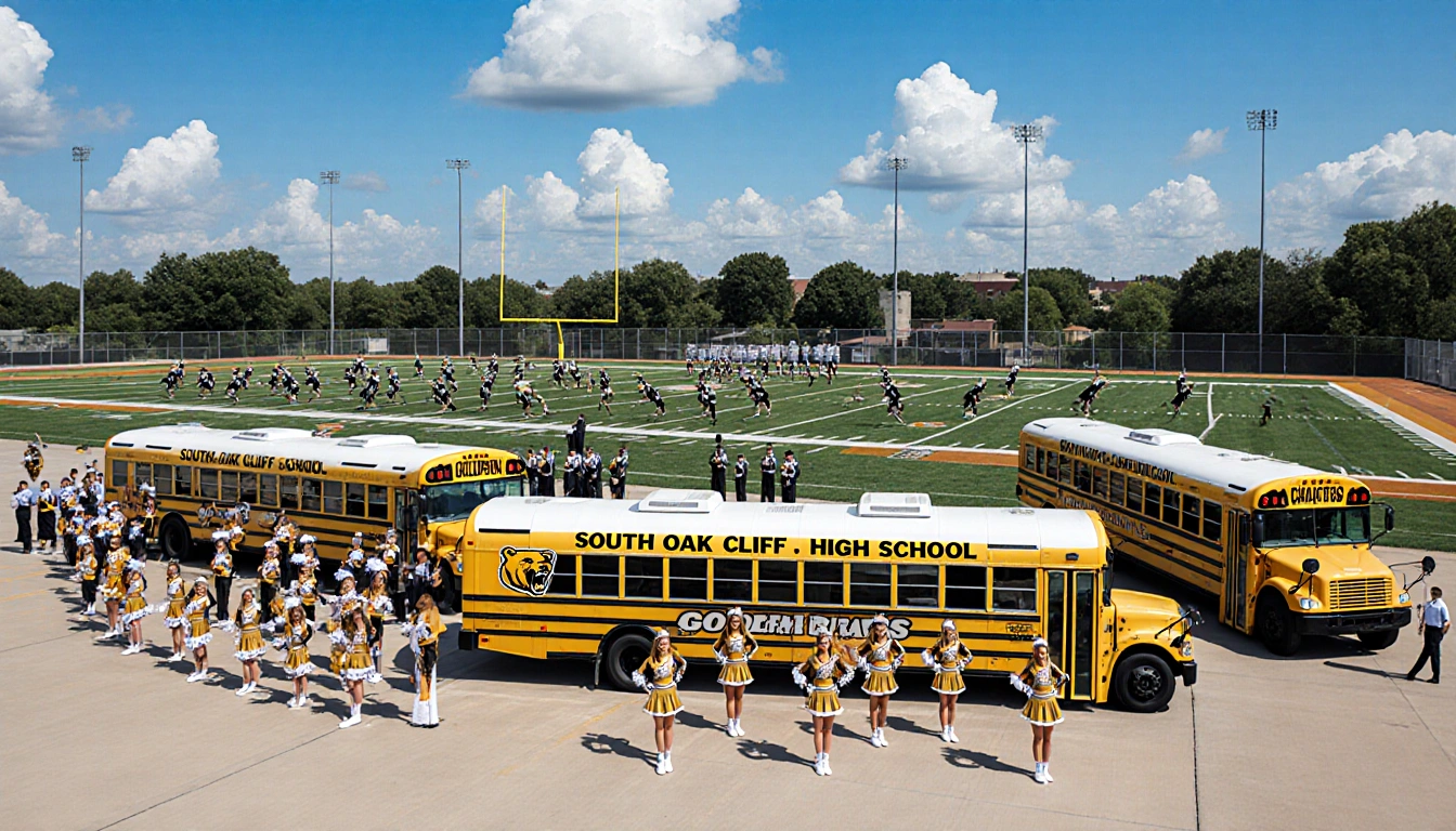 Cheerleaders posing near Golden Bears buses with pom-poms while band members stand in front and football players warm up behi
