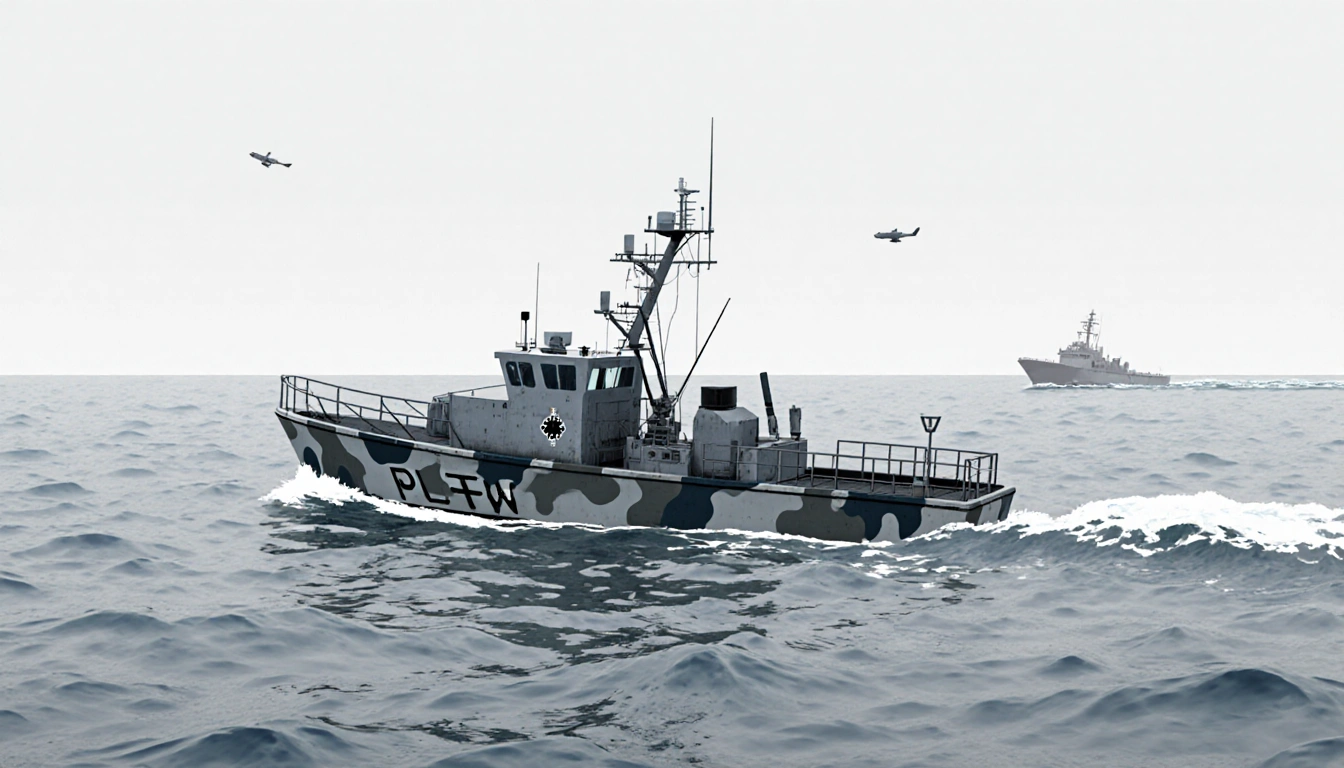 Low-profile vessel being struck by a kinetic strike with muted colors and subtle sonar pings in calm ocean.