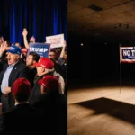 Split screen shows crowded rally with Beto and Trump hat wearers and Texan flags beside dim room with No Trump banner.