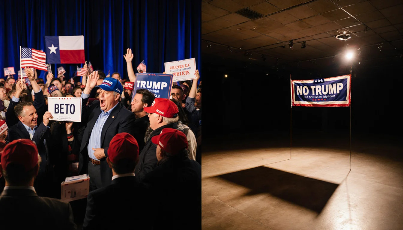 Split screen shows crowded rally with Beto and Trump hat wearers and Texan flags beside dim room with No Trump banner.