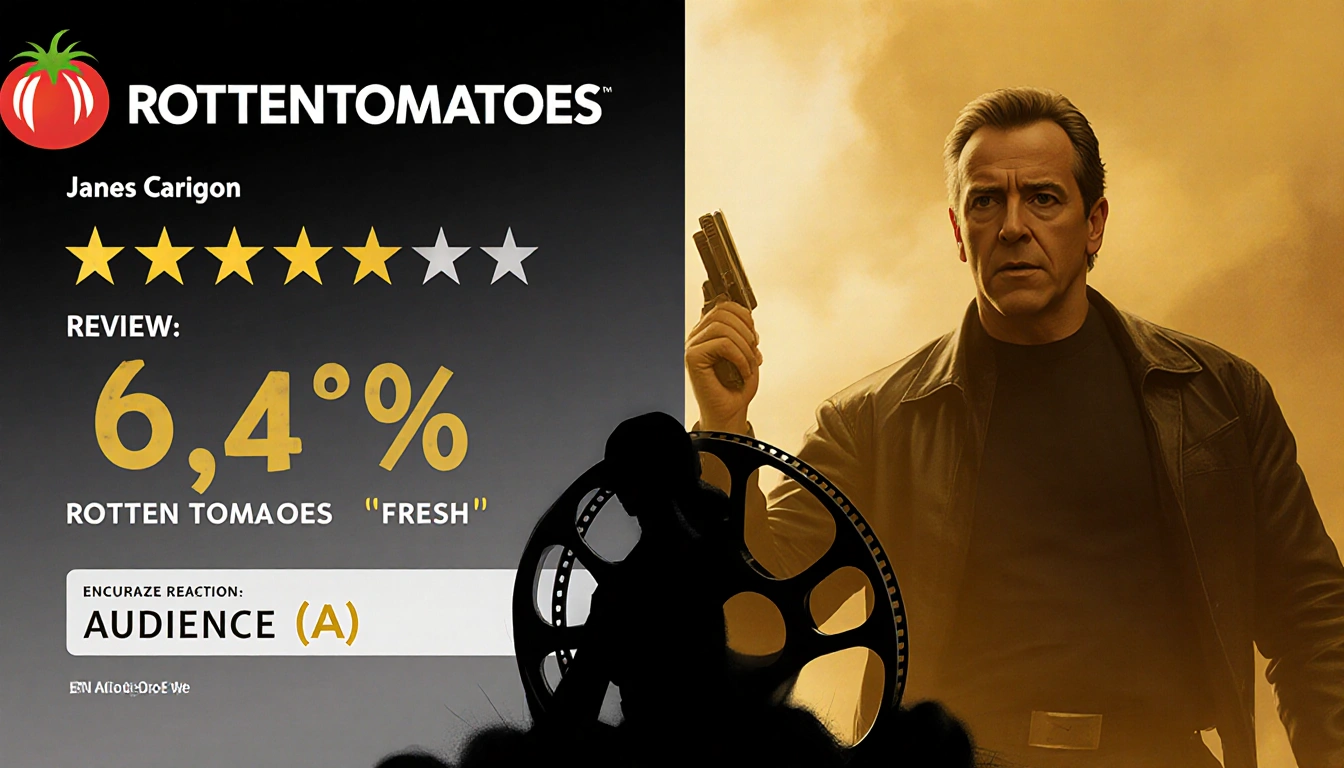 Split screen shows a 68% Rotten Tomatoes score with an A CinemaScore rating and a James Cameron silhouette holding a reel