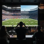 Bartender in a sports bar holding remote with split‑screen showing packed college field and empty NFL field while TV graph sh