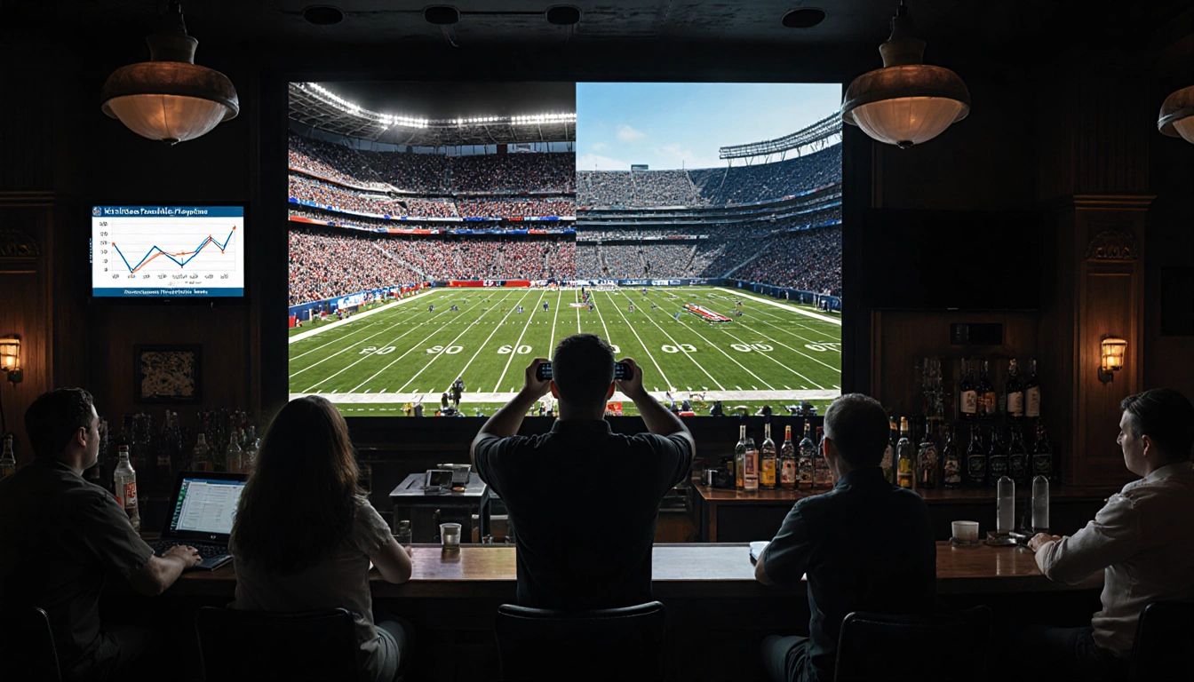 Bartender in a sports bar holding remote with split‑screen showing packed college field and empty NFL field while TV graph sh