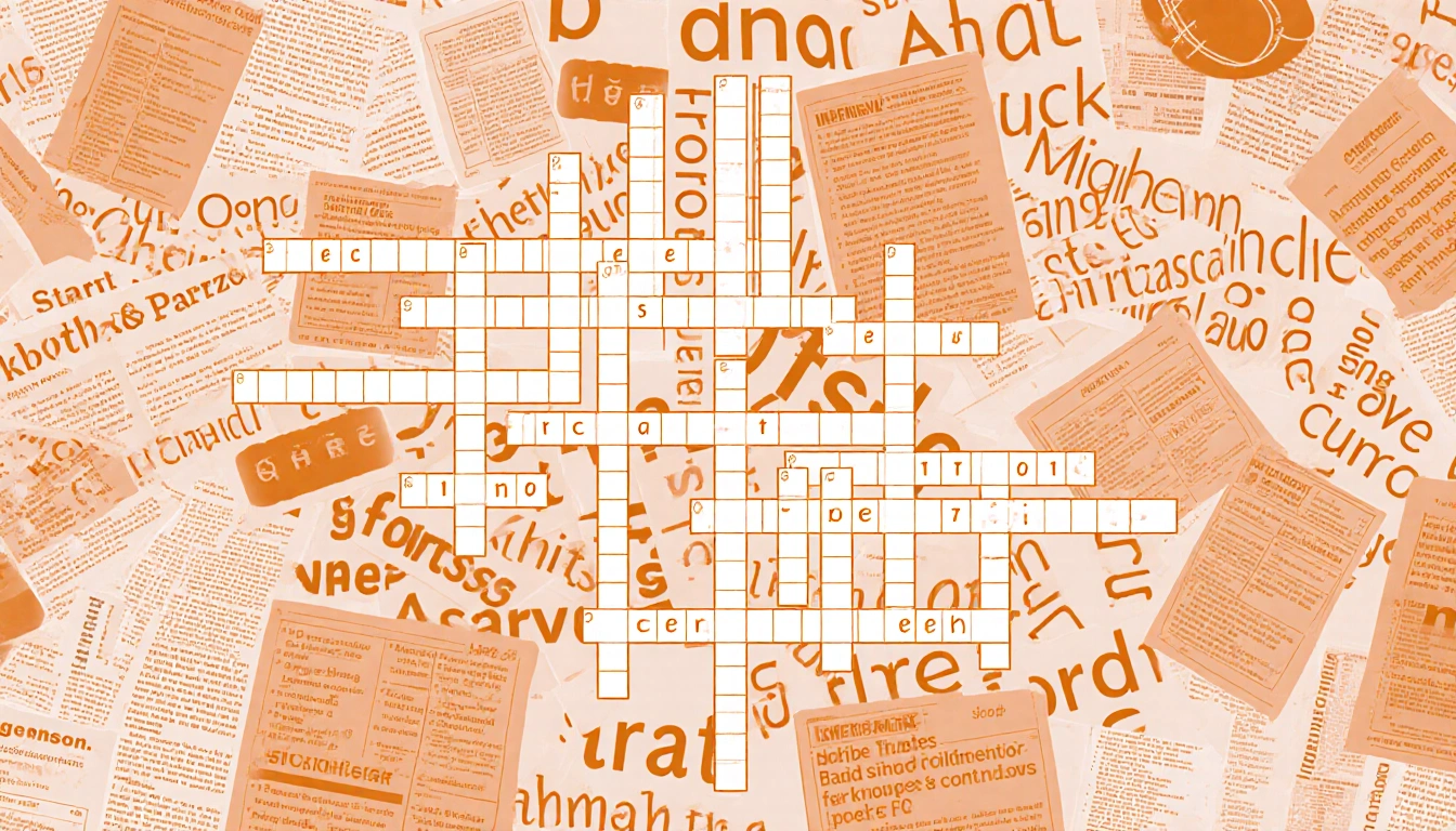 Cluttered puzzle table displaying sports puzzles with warm colors and bold typography against newspaper-clipped background.