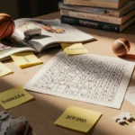 Cluttered desk arranges sports puzzle pieces with partial puzzle grid and nostalgic books.