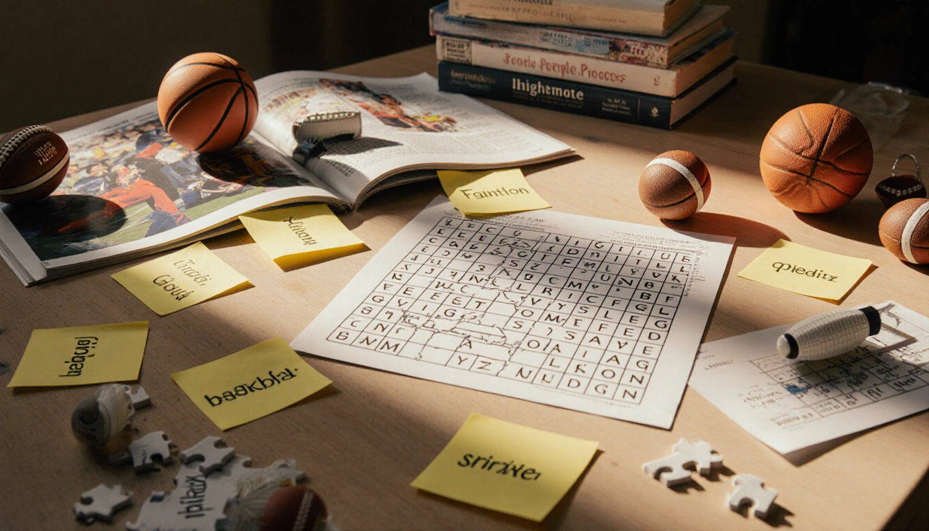 Cluttered desk arranges sports puzzle pieces with partial puzzle grid and nostalgic books.