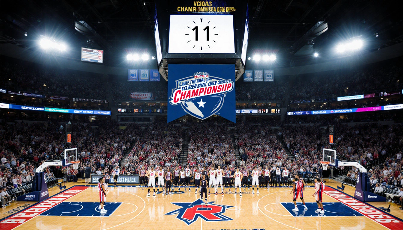 Players from Dallas South Oak Cliff Richmond Randal pose for championship game with banner above field and fans below.