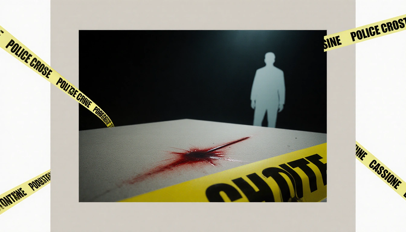 Stab wound appears on table with police tape surrounding and a faint figure near it in muted investigation background.