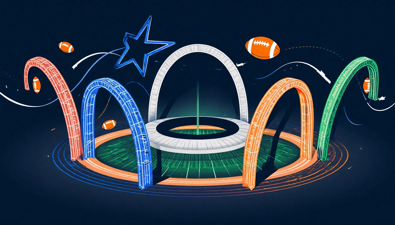 Stadium arches glow with blue and orange lights and stylized footballs surrounded by dynamic lines