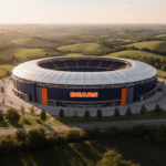 Stadium rises above farmland with rolling green hills and winding road below and Bears navy orange sky.