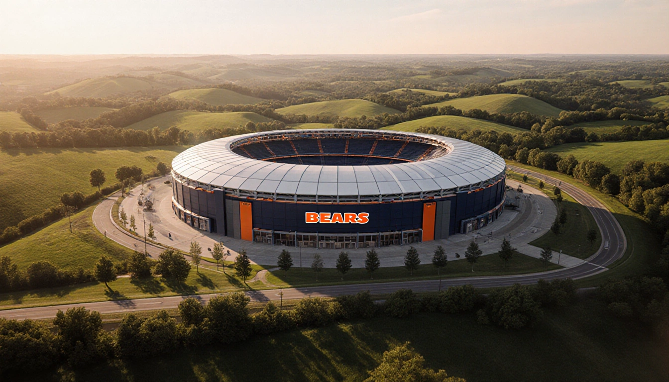 Stadium rises above farmland with rolling green hills and winding road below and Bears navy orange sky.