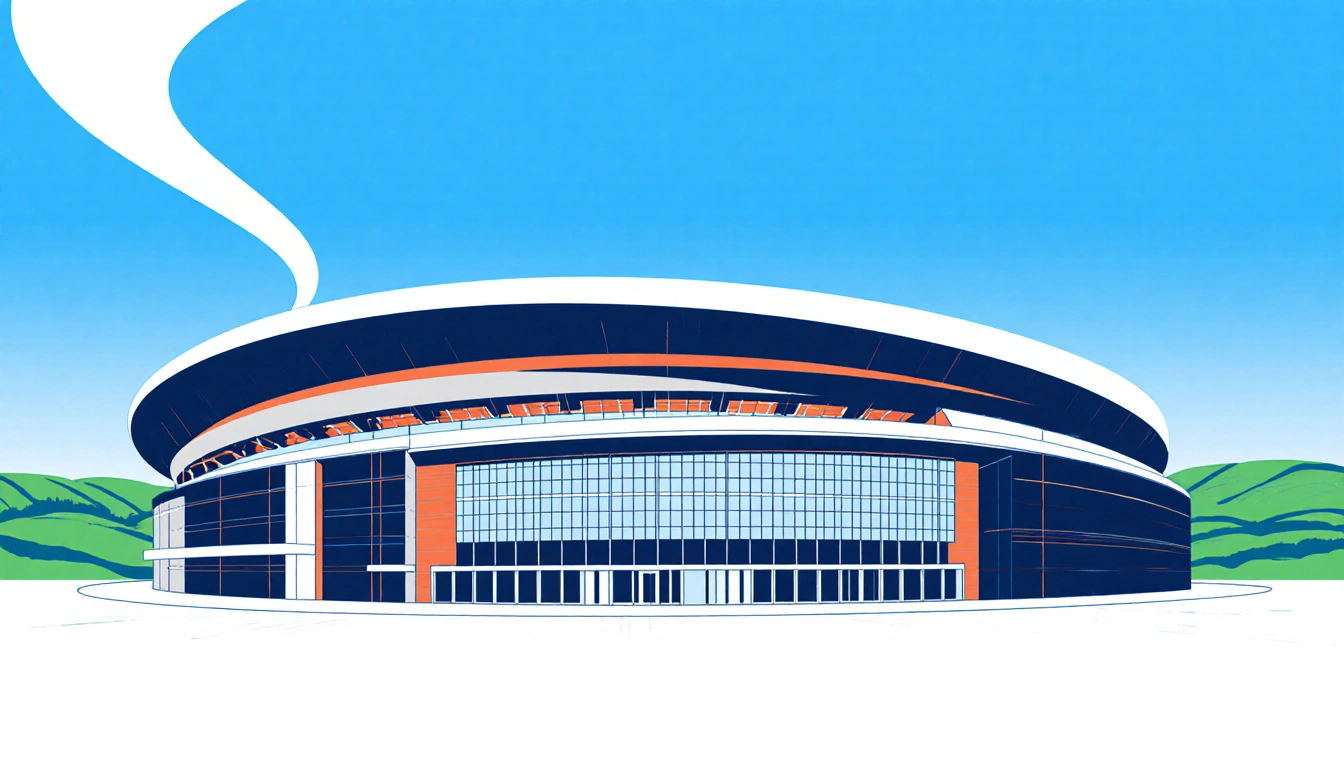 Stadium rises with lines and a blue sky ribbon rolling hills backdrop and grid pattern showing ambition championship