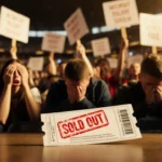 Frustrated fans holding protest signs and heads in dismay with fallen ticket stamped SOLD OUT on the floor