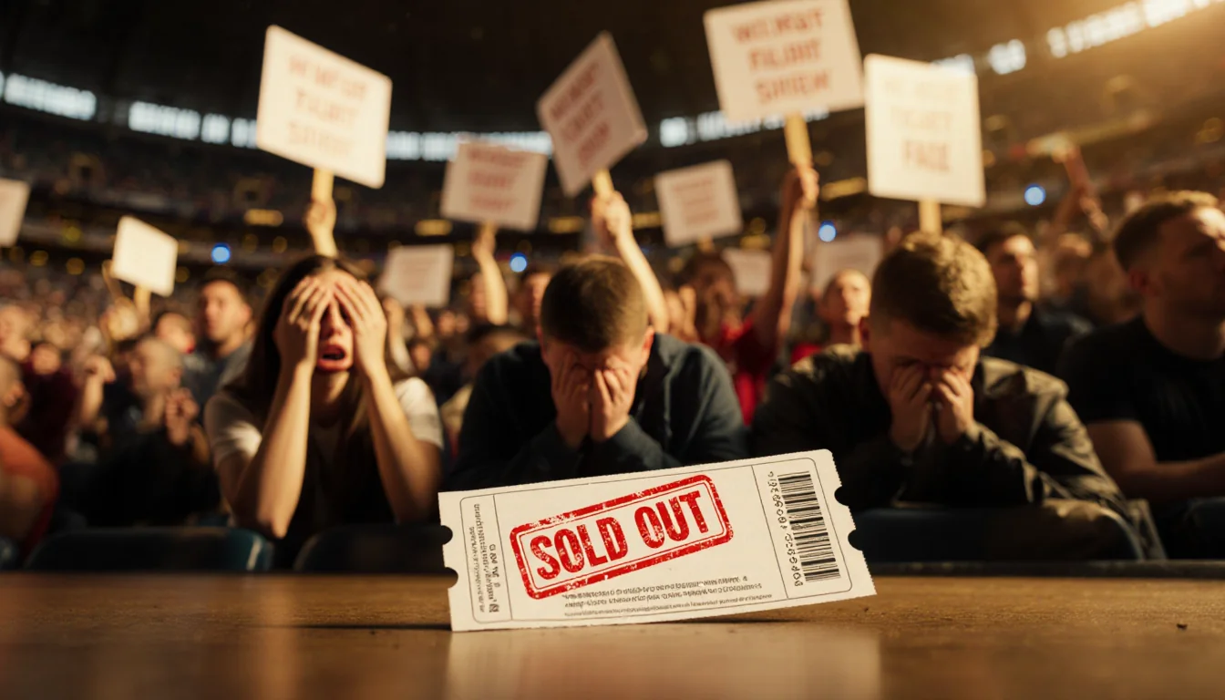 Frustrated fans holding protest signs and heads in dismay with fallen ticket stamped SOLD OUT on the floor