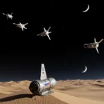 Anti‑satellite missile rising from desert with Starlink satellites orbiting and golden light casting dunes