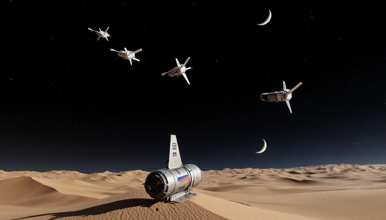 Anti‑satellite missile rising from desert with Starlink satellites orbiting and golden light casting dunes