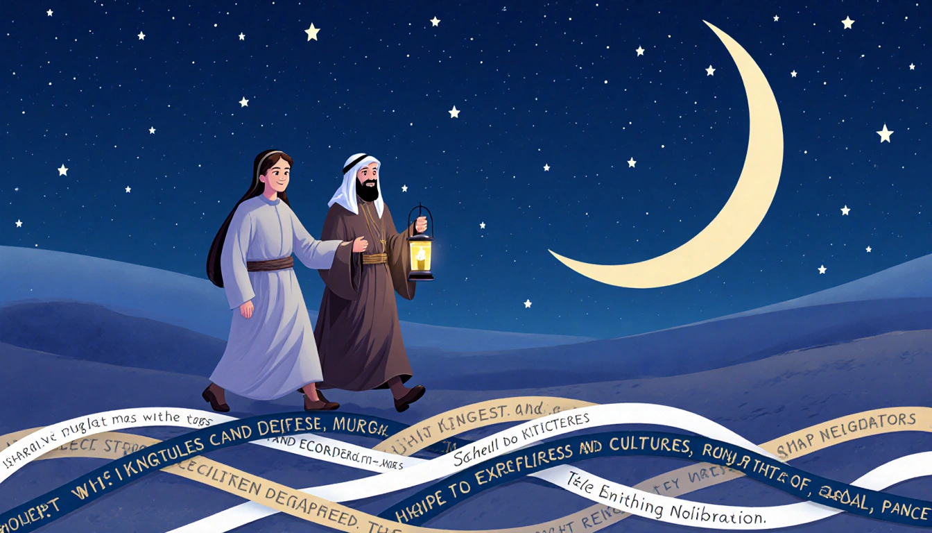 Two figures walking together with lantern under a crescent moon and interwoven lines of faith in foreground