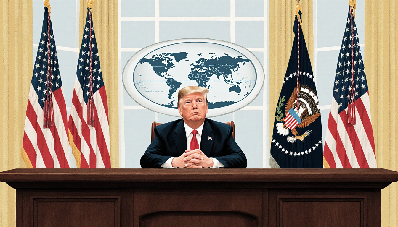 Diplomat looking up with clasped hands in State Department briefing room with American flags and global maps.