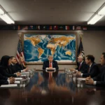 Trump administration seated at long wooden table with world map behind and diplomats at ends looking upset