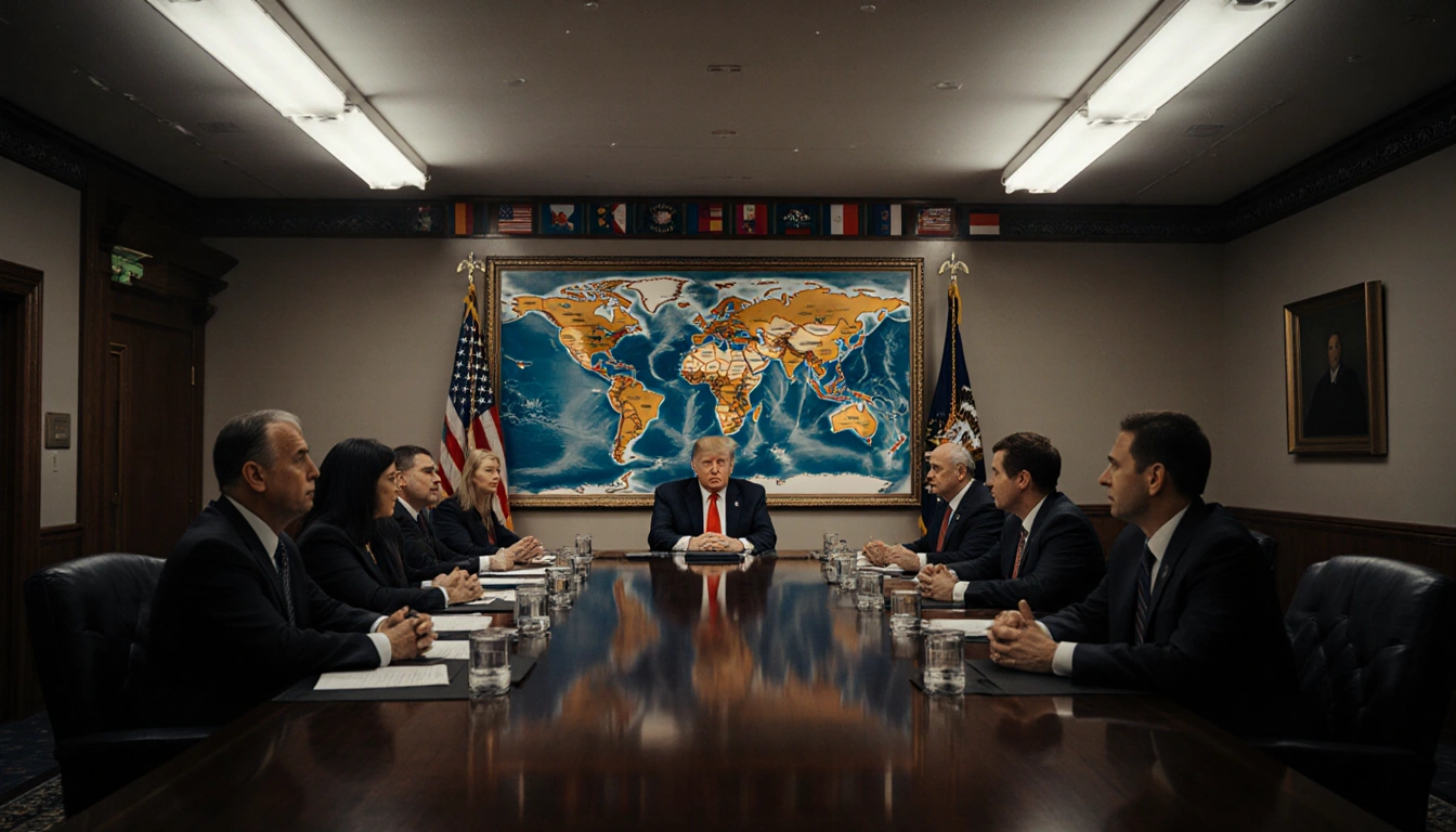 Trump administration seated at long wooden table with world map behind and diplomats at ends looking upset