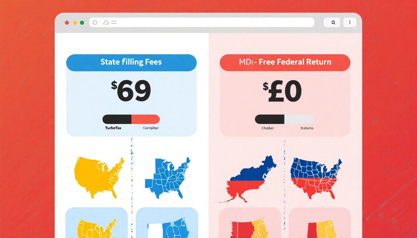 Split-screen compares TurboTax paid $69 with competitor free showing colorful state icons labeled with fee ranges