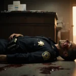 State trooper lies on DMV floor with bullet‑riddled desk behind and a shadowy armed man outside the door in golden light.