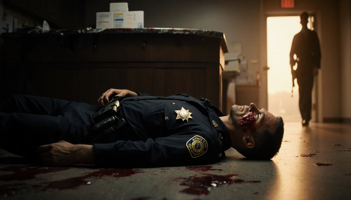 State trooper lies on DMV floor with bullet‑riddled desk behind and a shadowy armed man outside the door in golden light.