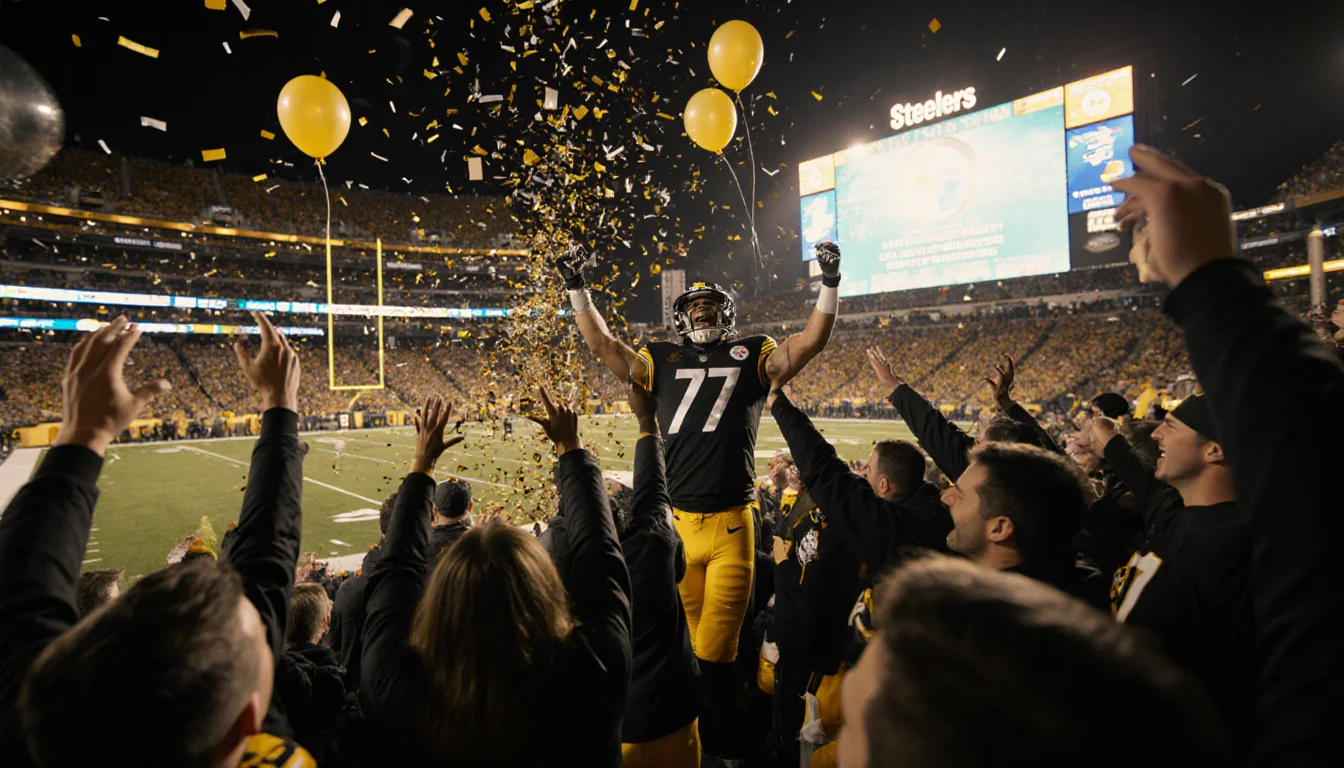 Steelers fans cheer with arms raised under golden lighting with confetti falling.