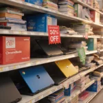 Chromebooks shine with bright discount tags and warm lighting on cluttered back-to-school shelves
