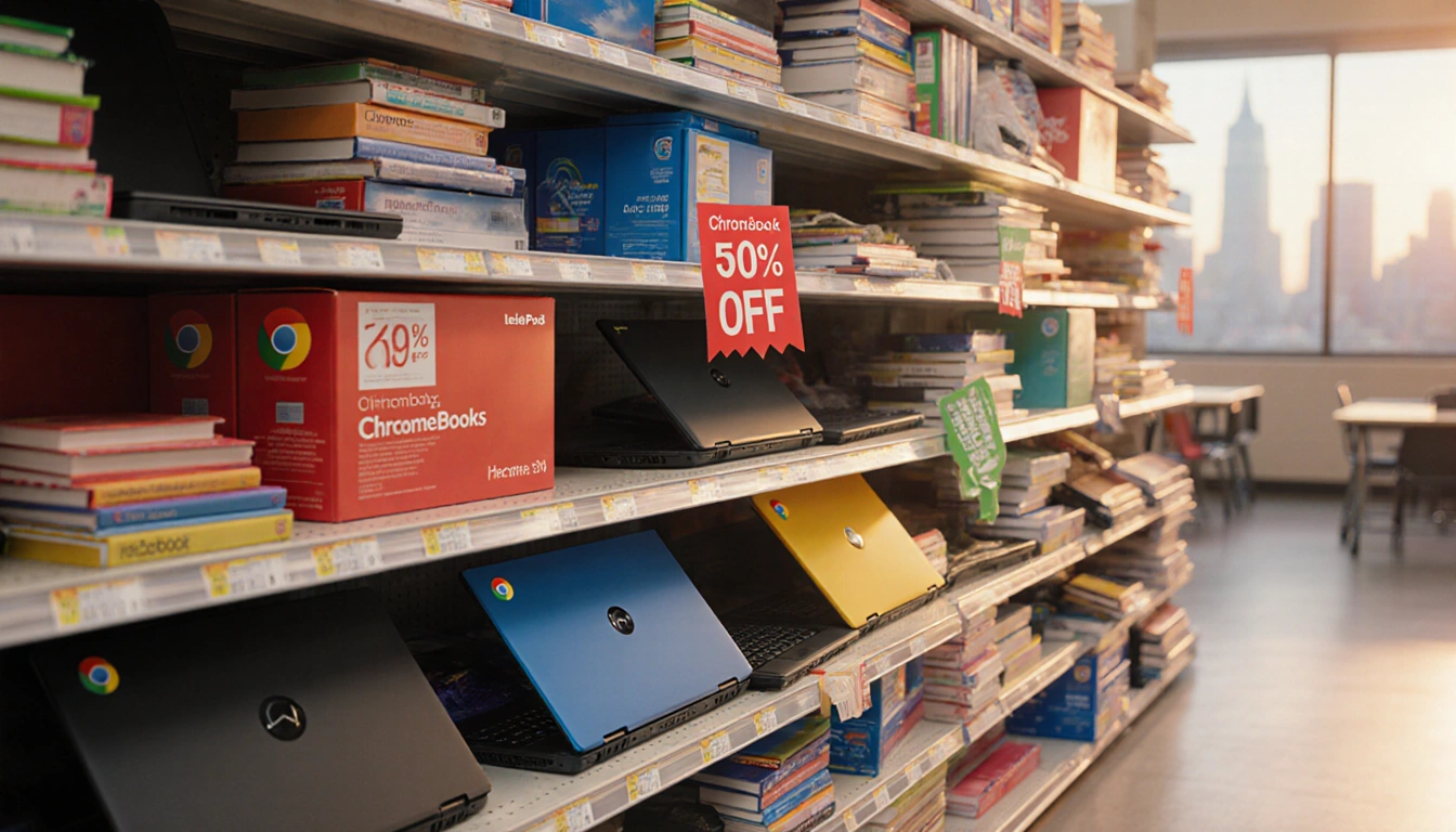 Chromebooks shine with bright discount tags and warm lighting on cluttered back-to-school shelves