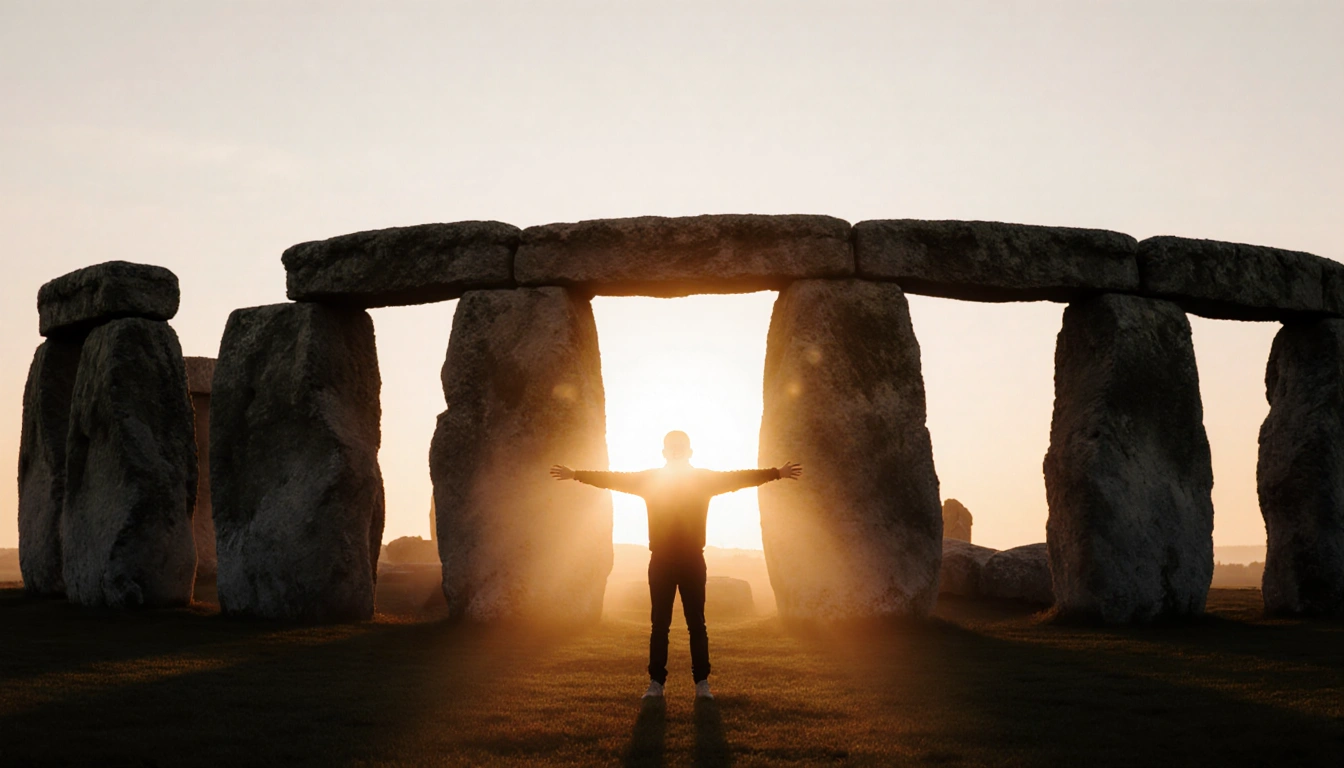 Lone figure stretches arms toward sunrise over Stonehenge stones with golden light and rising mist.