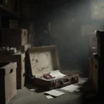 Open suitcase reveals faded passport with scattered papers in dimly lit storage unit