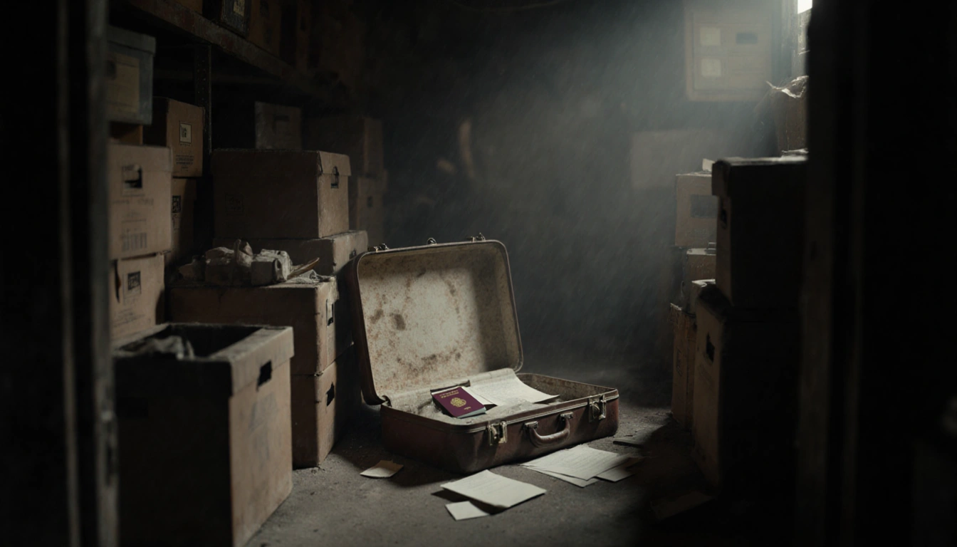 Open suitcase reveals faded passport with scattered papers in dimly lit storage unit