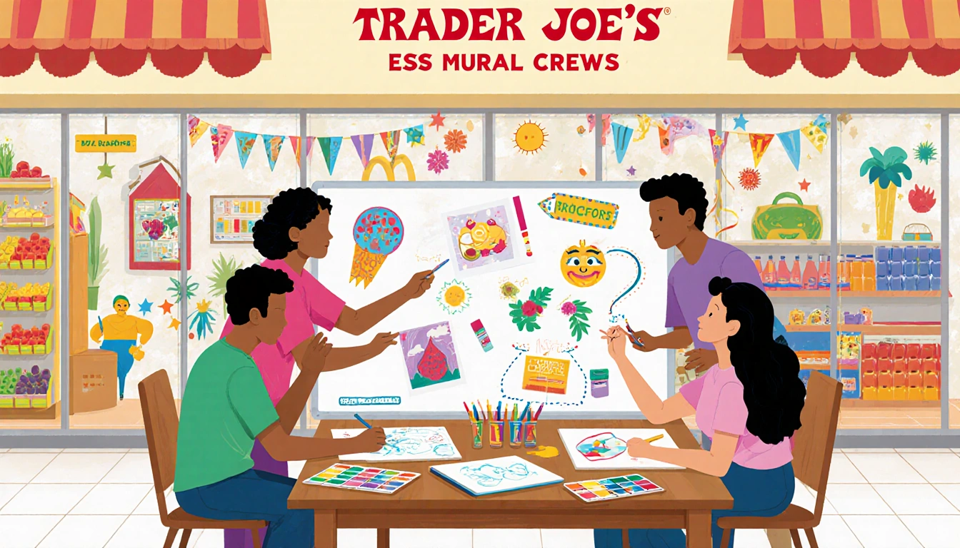 Crew members brainstorming mural ideas with sketches and paint swatches in front of Trader Joe's storefront and art supplies.