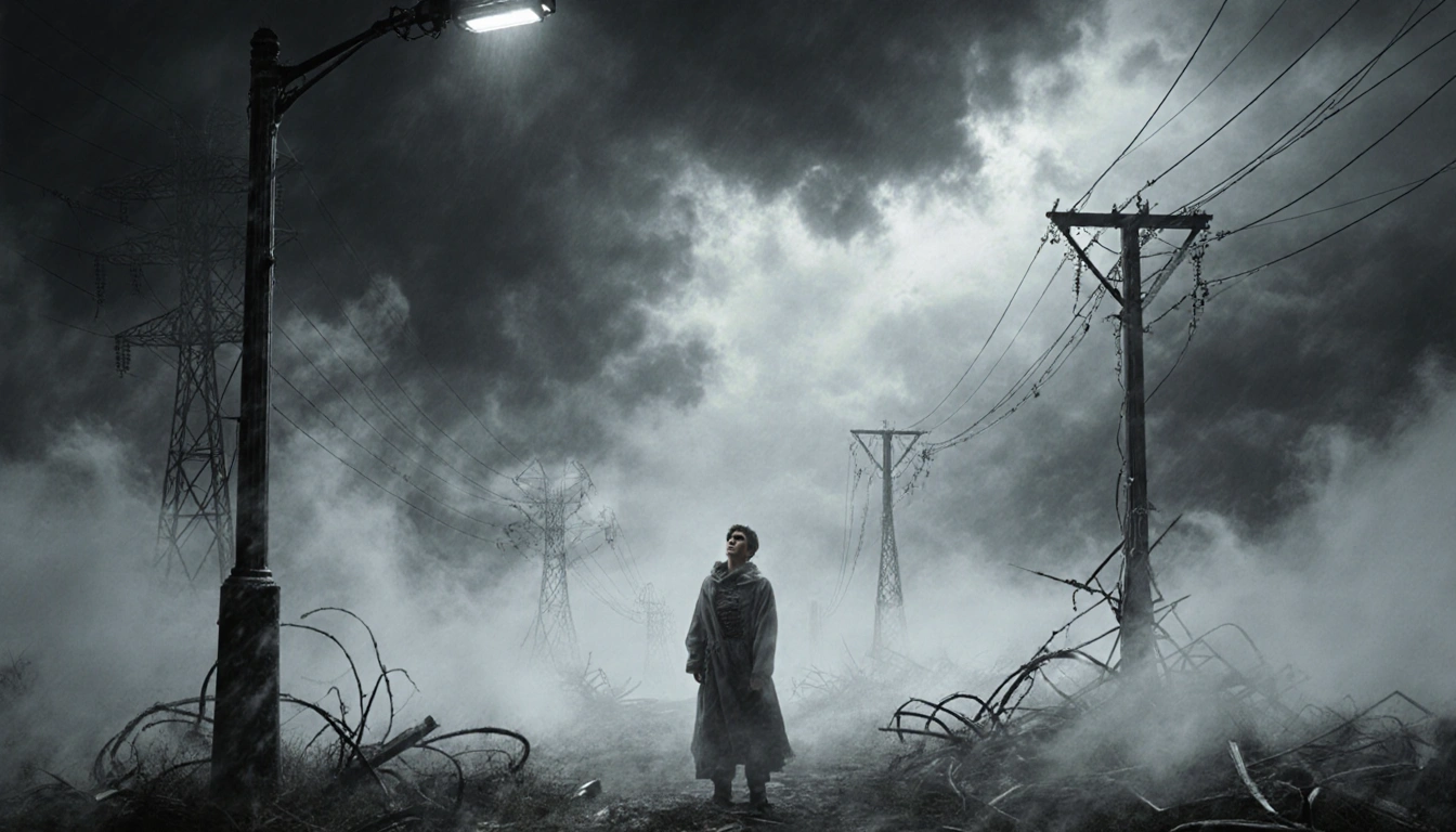Lone figure standing under blown‑out streetlight looking up at stormy sky with twisted power lines and swirling fog