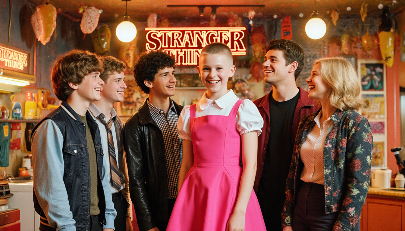 The six Stranger Things teens pose together with iconic outfits and retro 80s décor in a warm nostalgic setting