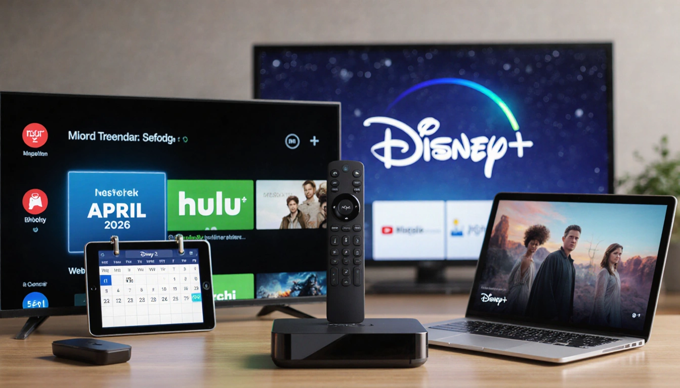 TV remote displaying Hulu and Disney+ logos with devices arranged diagonally and calendar showing premiere date