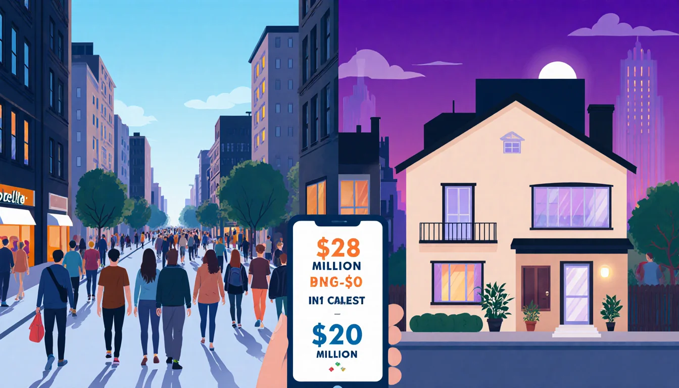 Homeless crowd walking toward home with phone showing pledge numbers and home support lighting